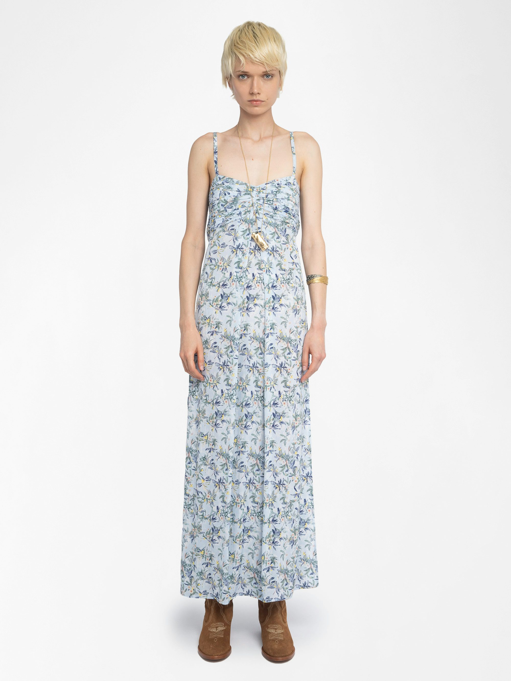 Rippie Dress - Long printed viscose dress with adjustable straps and pleated bodice.